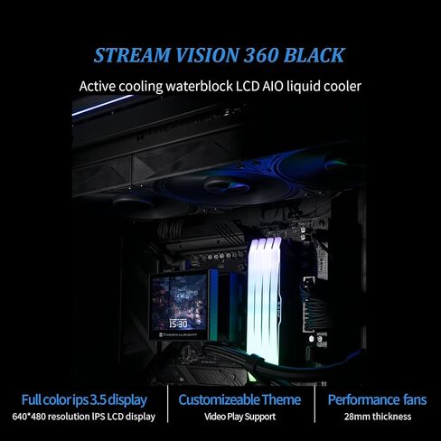 Thermalright Stream Vision 360 Black-360mm AIO CPU COWERALER ، عرض LCD 3.5's's Square للصور ، مضخة شفط عالية الأداء بدقة 640 × 480 مع مروحة مضمنة ، ل AM5/LGA1851/1700 in Saudi Arabia