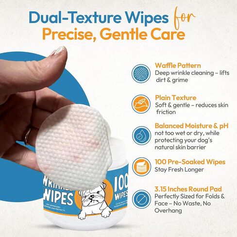 Wrinkle Wipes for Dogs - 100 Count Dog Wrinkle Wipes French Bulldog, English Bulldog, Pugs - 3.15 in Large Bulldog Face Wipes - Cleaning & Soothes on Wrinkles, Folds, Tail Pockets in Kuwait