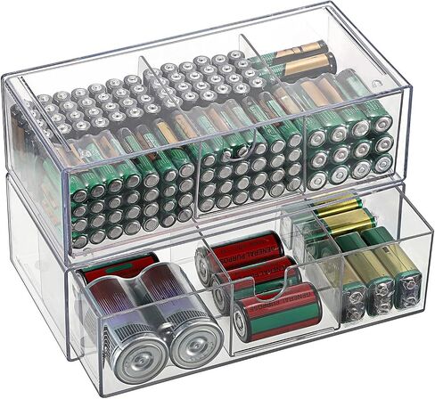 BTSKY 2 Pack Clear Acrylic Battery Storage Organizer for AA, AAA, 9V, C, D Batteries, 2-Drawer Storage Box Battery Holder for Common Types Batteries, Household Container(Batteries Not Included) in Saudi Arabia