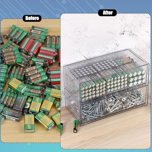 BTSKY 2 Pack Clear Acrylic Battery Storage Organizer for AA, AAA, 9V, C, D Batteries, 2-Drawer Storage Box Battery Holder for Common Types Batteries, Household Container(Batteries Not Included) in Saudi Arabia