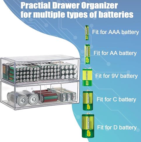 BTSKY 2 Pack Clear Acrylic Battery Storage Organizer for AA, AAA, 9V, C, D Batteries, 2-Drawer Storage Box Battery Holder for Common Types Batteries, Household Container(Batteries Not Included) in Saudi Arabia