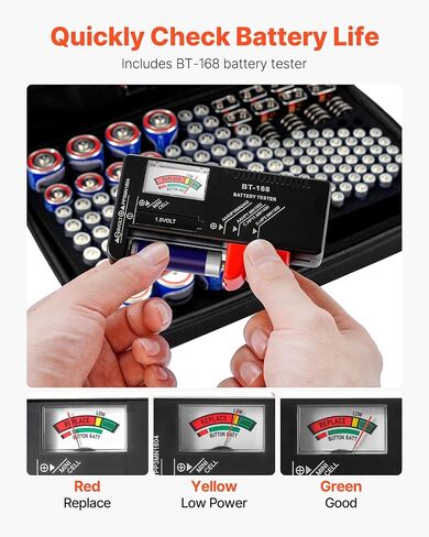 صندوق تخزين منظم بطارية Vevor ، حقيبة علبة بطارية مع اختبار BT-168 ، حالة تخزين منظم بطاريات مقاومة للماء مع سحاب ، تحتوي على 167 بطاريات AA AAA C D 9V زر ، أسود فقط (مربع فقط) in Saudi Arabia