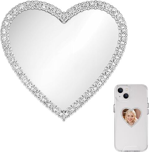 Heart Shape Phone Mirror Bling Cellphone Case Mirror Decal Cellphone Stick-On Mirrors with Silver Zinc Alloy Frame Adhesive Makeup Mirrors for Phone Back(Remove Protective Film) in Kuwait