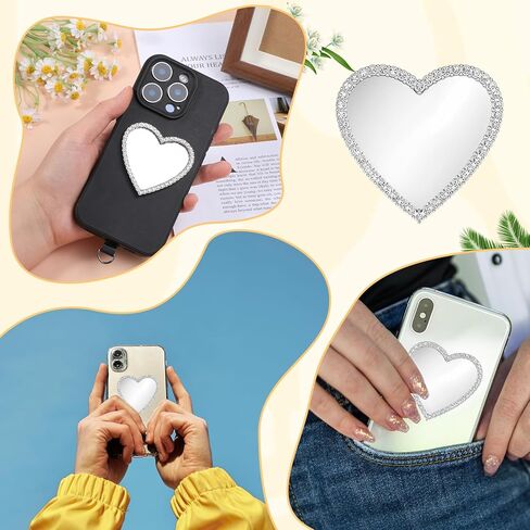 Heart Shape Phone Mirror Bling Cellphone Case Mirror Decal Cellphone Stick-On Mirrors with Silver Zinc Alloy Frame Adhesive Makeup Mirrors for Phone Back(Remove Protective Film) in Kuwait