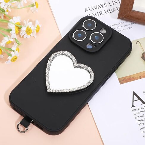 Heart Shape Phone Mirror Bling Cellphone Case Mirror Decal Cellphone Stick-On Mirrors with Silver Zinc Alloy Frame Adhesive Makeup Mirrors for Phone Back(Remove Protective Film) in Kuwait