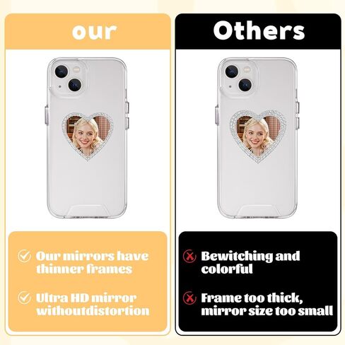 Heart Shape Phone Mirror Bling Cellphone Case Mirror Decal Cellphone Stick-On Mirrors with Silver Zinc Alloy Frame Adhesive Makeup Mirrors for Phone Back(Remove Protective Film) in Kuwait