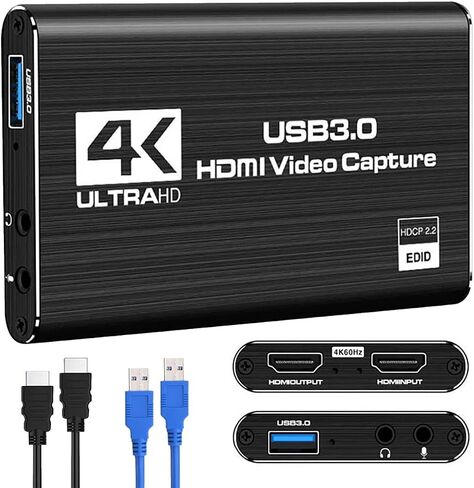 بطاقة الالتقاط فيديو HDMI 1080p 60 إطارًا في الثانية ، جهاز التقاط اللعبة USB 3.0 ، مضغوط ومحمول للبث والألعاب والاجتماعات ، متوافق مع التبديل/PS4/PS5/PC/LAPTOP/OBS ، أسود in Saudi Arabia