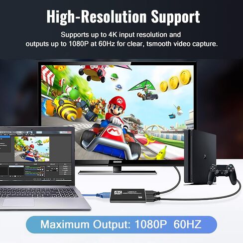 بطاقة الالتقاط فيديو HDMI 1080p 60 إطارًا في الثانية ، جهاز التقاط اللعبة USB 3.0 ، مضغوط ومحمول للبث والألعاب والاجتماعات ، متوافق مع التبديل/PS4/PS5/PC/LAPTOP/OBS ، أسود in Saudi Arabia