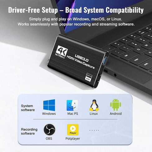 بطاقة الالتقاط فيديو HDMI 1080p 60 إطارًا في الثانية ، جهاز التقاط اللعبة USB 3.0 ، مضغوط ومحمول للبث والألعاب والاجتماعات ، متوافق مع التبديل/PS4/PS5/PC/LAPTOP/OBS ، أسود in Saudi Arabia
