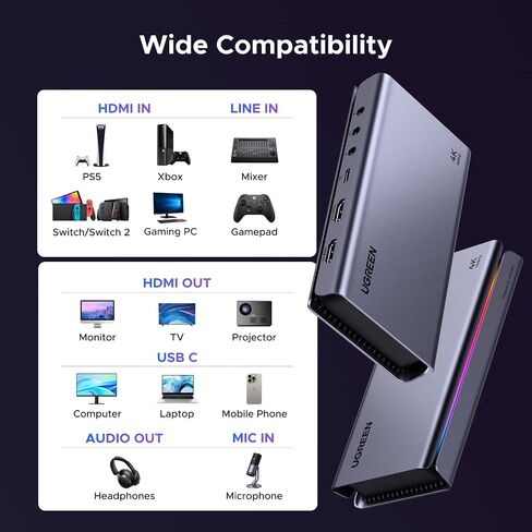 UGREEN 4K 144Hz Video Capture Card HDMI to USB 3.2 Gen 2 with Mic and HDMI 2.1 Loop-Out, with Low Latency for Streaming Game Recording Compatible with Switch 2/Xbox/PS4/PS5/PC/Camera/Mac/OBS/XSplit in Saudi Arabia