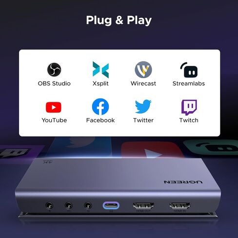 UGREEN 4K 144Hz Video Capture Card HDMI to USB 3.2 Gen 2 with Mic and HDMI 2.1 Loop-Out, with Low Latency for Streaming Game Recording Compatible with Switch 2/Xbox/PS4/PS5/PC/Camera/Mac/OBS/XSplit in Saudi Arabia