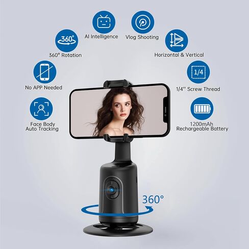 Auto Tracking Phone Holder, Auto Face Tracking Tripod, Portable All-in-one Smart Selfie Stick 360 Rotation Fast Face & Object Tracking Cameraman Robot Mount for Phone Video Vlog Live Streaming(Black) in Saudi Arabia