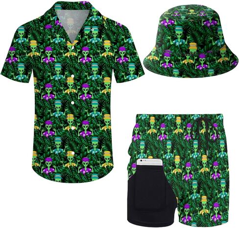 Men's 2 Piece Outfits Tropical Leaves Hawaiian Shirt and Shorts in Kuwait