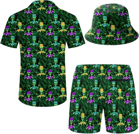 Men's 2 Piece Outfits Tropical Leaves Hawaiian Shirt and Shorts in Kuwait