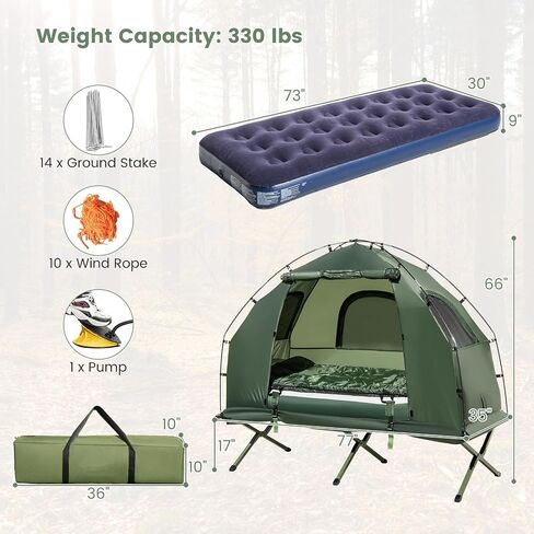 Kotek 5-in-1 Tent Cot مع مرتبة هواء ، حقيبة نوم ، وسادة ، مظلة ، نوافذ شبكية سحابية وحقيبة الحمل ، خيمة مرتفعة للتخييم ، المشي لمسافات طويلة ، السفر ، النزهة in Saudi Arabia