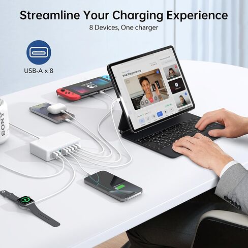 USB Charger Block, 100W 8 Port USB Charging Station for Multiple Devices, QC 18W Fast Charging Hub Power Strip Adapter for iPhone 16 15 14 13, iPad Pro, Galaxy, Note, LG HTC and More, 5ft Cord in Saudi Arabia