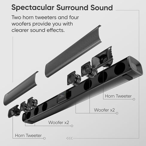 Sound Bar for Smart TV, 80W Soundbar with Four Woofers, Dual Horn Tweeters, 2.0 Channel TV Speaker, 2 in 1 Detachable Design, BT/ARC/AUX/Optical Connection, Surround Sound System for TV/PC in Saudi Arabia