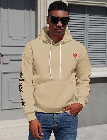 ZAFUL Men's Fleece Hoodie Unisex Rose Letter Print Hooded Pullover Kangaroo Pocket Sweatshirt in Kuwait