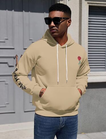 ZAFUL Men's Fleece Hoodie Unisex Rose Letter Print Hooded Pullover Kangaroo Pocket Sweatshirt in Kuwait