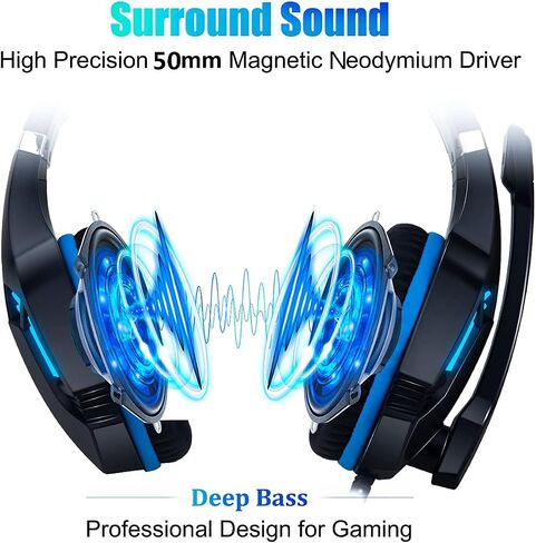 Gaming Headset for PS4, PC, Xbox One, PS5, for Nintendo Switch, Wired Over Ear Headphones with Stereo Surround Sound, Noise-Cancelling Microphone, LED Lights for Kids Adults, Black Blue in Saudi Arabia