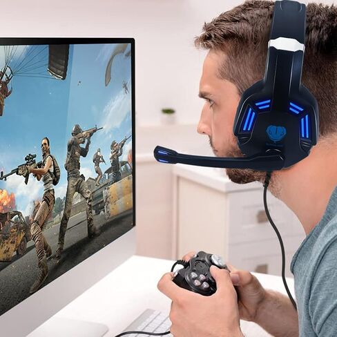 Gaming Headset for PS4, PC, Xbox One, PS5, for Nintendo Switch, Wired Over Ear Headphones with Stereo Surround Sound, Noise-Cancelling Microphone, LED Lights for Kids Adults, Black Blue in Saudi Arabia