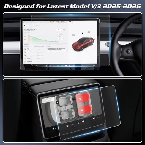 واقي شاشة جديد لملحقات Tesla Model Y/3 ، الزجاج الخفيف السوبر مع وحدة التحكم المركزية وحماية شاشة المقعد الخلفي للنموذج Y/3 Juniper 2025-2026 ، غير لامع ، لا وهج ، بصمات الأصابع ، مضاد للقرعة in Kuwait