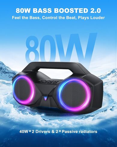 Bluetooth Speaker 80W(Peak)Loud with Bass, 20H Playtime, IPX7 Waterproof, RGB Lights, TWS, Large Portable Wireless Speakers for Outdoor, Home, Party, Pool, Beach, Tailgating, Gym, Work, Gifts (Black) in Saudi Arabia