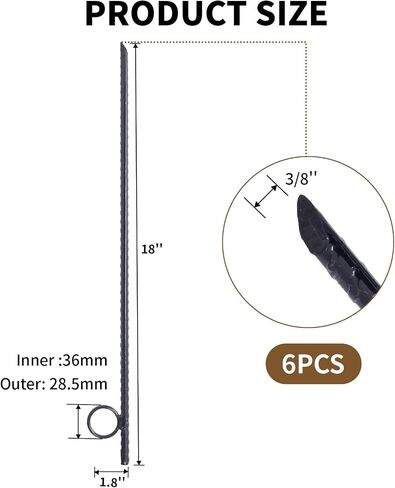 6 Pack Rebar Stakes 3/8" x 18" Heavy Duty Steel Ground Anchors with 1" Loop & Angled End for Canopy, Camping, Tent, Tarps, Garden & Yard, Black in Kuwait