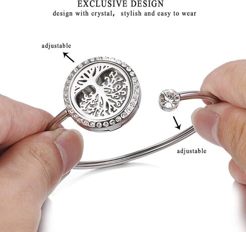 Cupimatch Adjustable Tree of Life Essential Oil Diffuser Bracelet, Stainless Steel CZ Aromatherapy Locket Bangle 8 Color Pads Jewelry Set for Women Girl Gifts in Saudi Arabia