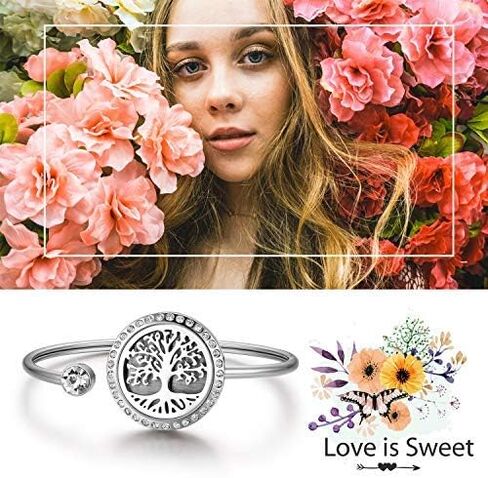 Cupimatch Adjustable Tree of Life Essential Oil Diffuser Bracelet, Stainless Steel CZ Aromatherapy Locket Bangle 8 Color Pads Jewelry Set for Women Girl Gifts in Saudi Arabia