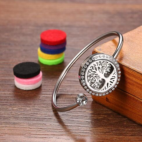 Cupimatch Adjustable Tree of Life Essential Oil Diffuser Bracelet, Stainless Steel CZ Aromatherapy Locket Bangle 8 Color Pads Jewelry Set for Women Girl Gifts in Saudi Arabia