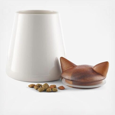 Nambé Dog Treat Jar | Pet Food Storage Container | Puppy Ears Design | Made of Porcelain with Acacia Wood Lid | Measures 6.5 x 7.5 Inch | Designed by Karim Rashid in Saudi Arabia