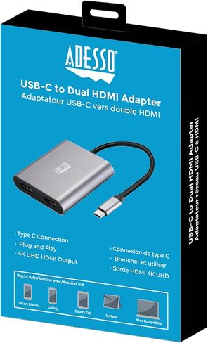 ADESSO USB C to Dual HDMI Adapter, Compact and Portable USB C Adapter, Supports 4K@60Hz and Dual 2K/1080P@60Hz, for MacBook/Lenovo Yoga/Thinkpad, XPS, and More in Saudi Arabia