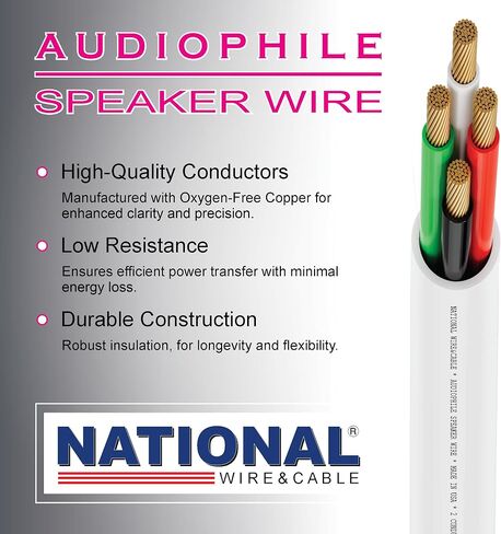 National Wire&Cables - 16/2 Audiophile Speaker Wire (100 Feet) 16AWG Gauge - Made in USA - in Wall Audio Speaker Wire Cable/CL Rated/ETL Listed / 2 Conductors - OFC Oxygen-Free Copper, White 100ft in Saudi Arabia