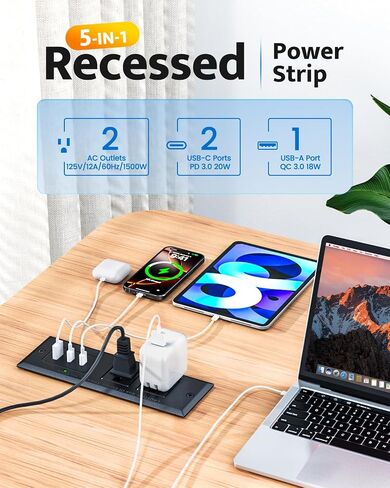 شريط الطاقة المريح مع منفذ USB C 20W ، شحن سريع USB منفذ مؤتمر ميناء مريح ، مقطع فضاء لجانب الأثاث ، طاولة نهاية ، منفذ مكتب مع سلك 6 أقدام ، 45 درجة قابس مسطح رفيع ، الأسود in Kuwait