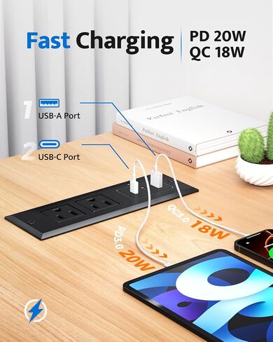 شريط الطاقة المريح مع منفذ USB C 20W ، شحن سريع USB منفذ مؤتمر ميناء مريح ، مقطع فضاء لجانب الأثاث ، طاولة نهاية ، منفذ مكتب مع سلك 6 أقدام ، 45 درجة قابس مسطح رفيع ، الأسود in Kuwait