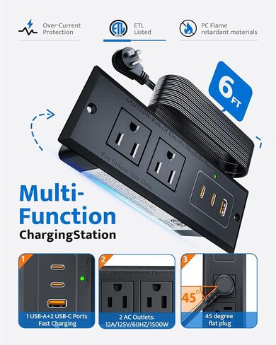 شريط الطاقة المريح مع منفذ USB C 20W ، شحن سريع USB منفذ مؤتمر ميناء مريح ، مقطع فضاء لجانب الأثاث ، طاولة نهاية ، منفذ مكتب مع سلك 6 أقدام ، 45 درجة قابس مسطح رفيع ، الأسود in Kuwait