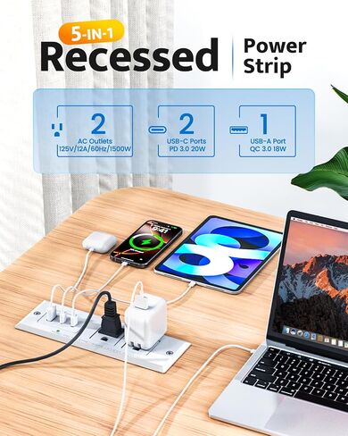 Recessed Power Strip with 20W USB C Port, Fast Charging USB A Port Conference Recessed Outlet, Space-Saver for Furniture Side Table, End Table, Desk Outlet with 6ft Cord, 45° Thin Flat Plug, Black in Kuwait