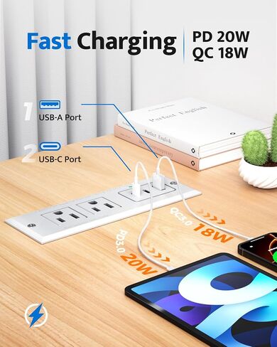 Recessed Power Strip with 20W USB C Port, Fast Charging USB A Port Conference Recessed Outlet, Space-Saver for Furniture Side Table, End Table, Desk Outlet with 6ft Cord, 45° Thin Flat Plug, Black in Kuwait