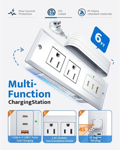 Recessed Power Strip with 20W USB C Port, Fast Charging USB A Port Conference Recessed Outlet, Space-Saver for Furniture Side Table, End Table, Desk Outlet with 6ft Cord, 45° Thin Flat Plug, Black in Kuwait