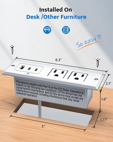 Recessed Power Strip with 20W USB C Port, Fast Charging USB A Port Conference Recessed Outlet, Space-Saver for Furniture Side Table, End Table, Desk Outlet with 6ft Cord, 45° Thin Flat Plug, Black in Kuwait
