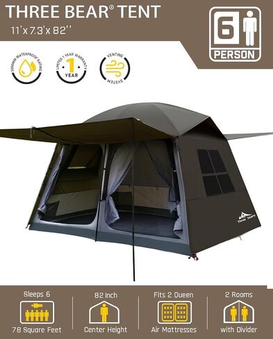 Three Bears 6-Person Tent, 3000mm Waterproof Double-Layer Tent with Room Dividers, Family Tent with Color-Coded Connection Buckles, Front and Rear Vestibules Can Be Set Up as Sunshade Canopies in Kuwait