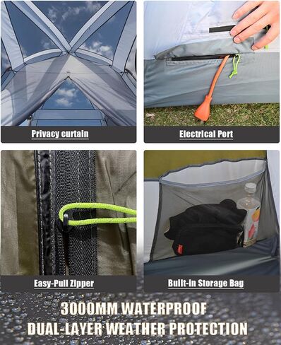 Three Bears 6-Person Tent, 3000mm Waterproof Double-Layer Tent with Room Dividers, Family Tent with Color-Coded Connection Buckles, Front and Rear Vestibules Can Be Set Up as Sunshade Canopies in Kuwait