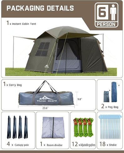 Three Bears 6-Person Tent, 3000mm Waterproof Double-Layer Tent with Room Dividers, Family Tent with Color-Coded Connection Buckles, Front and Rear Vestibules Can Be Set Up as Sunshade Canopies in Kuwait