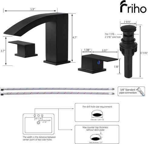Friho على نطاق واسع الحمام بالوعة صنبور 3 ثقب النيكل بالفرشاة ، 2 مقابض الحمام شلال الحمام مع الصرف المنبثق وخطوط الإمداد ، FR1DC17808L in Kuwait