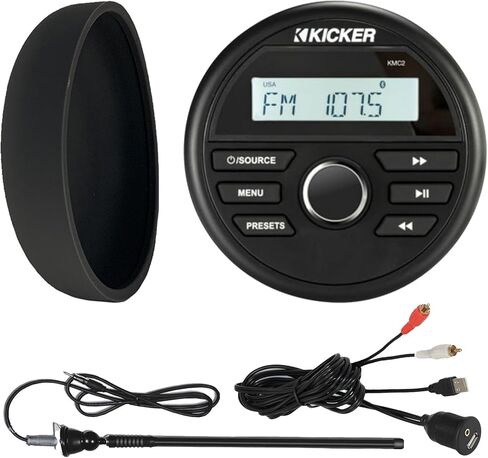 Kicker 46kmc2 Marine Bluetooth All-Weather AM/FM USB/AUX Gauge Style Media Center Receiver W/Black Cover Bundle Combo مع محول واجهة USB/AUX 3.5 ملم ، وهوائي أسود طويل المدى للراديو in Saudi Arabia