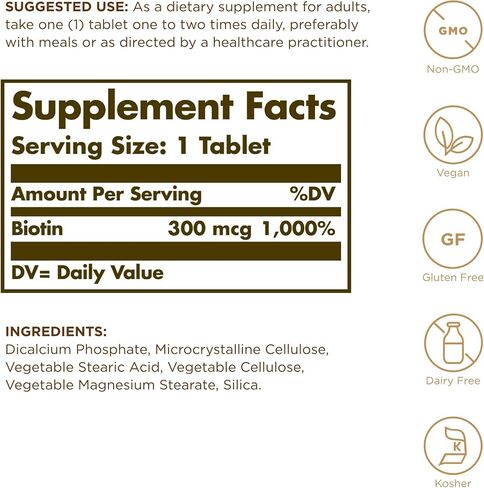 Solgar Biotin 300 mcg - 100 Tablets - Supports Healthy Skin, Nails & Hair - Non-GMO, Vegan, Gluten Free, Dairy Free, Kosher, Halal - 100 Servings in Saudi Arabia