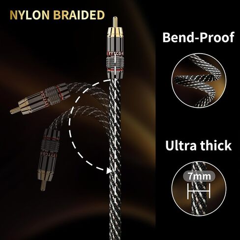 Audiophile Hifi 4.92ft Audio RCA Cables - 2rca male to male ، 15 AWG ، 4N OFC Core ، مقابس مطلية بالذهب 24K ، مع جديلة نايلون ، كابل مضخم الصوت ، متوافق مع مكبر الصوت ، مشغل أقراص مضغوطة (4.92 قدم/1.5 متر) in Kuwait