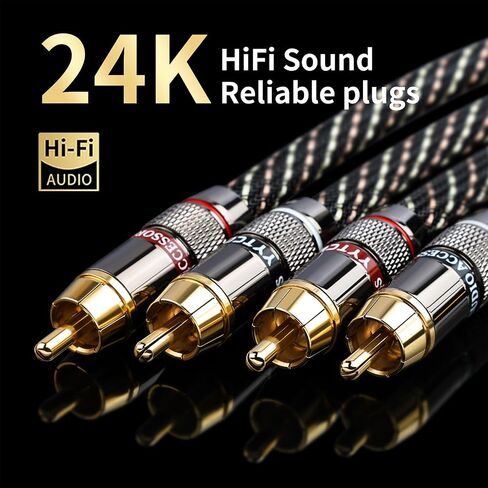Audiophile Hifi 4.92ft Audio RCA Cables - 2rca male to male ، 15 AWG ، 4N OFC Core ، مقابس مطلية بالذهب 24K ، مع جديلة نايلون ، كابل مضخم الصوت ، متوافق مع مكبر الصوت ، مشغل أقراص مضغوطة (4.92 قدم/1.5 متر) in Kuwait
