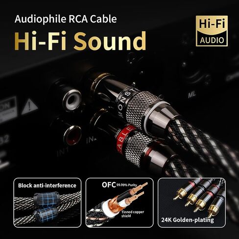 Audiophile Hifi 4.92ft Audio RCA Cables - 2rca male to male ، 15 AWG ، 4N OFC Core ، مقابس مطلية بالذهب 24K ، مع جديلة نايلون ، كابل مضخم الصوت ، متوافق مع مكبر الصوت ، مشغل أقراص مضغوطة (4.92 قدم/1.5 متر) in Kuwait